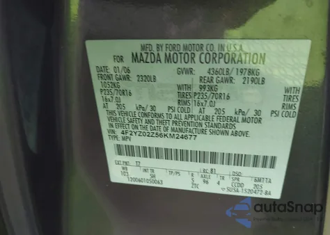 2006 Mazda Tribute I z USA, uszkodzony, nr VIN 4F2YZ02Z56KM2467